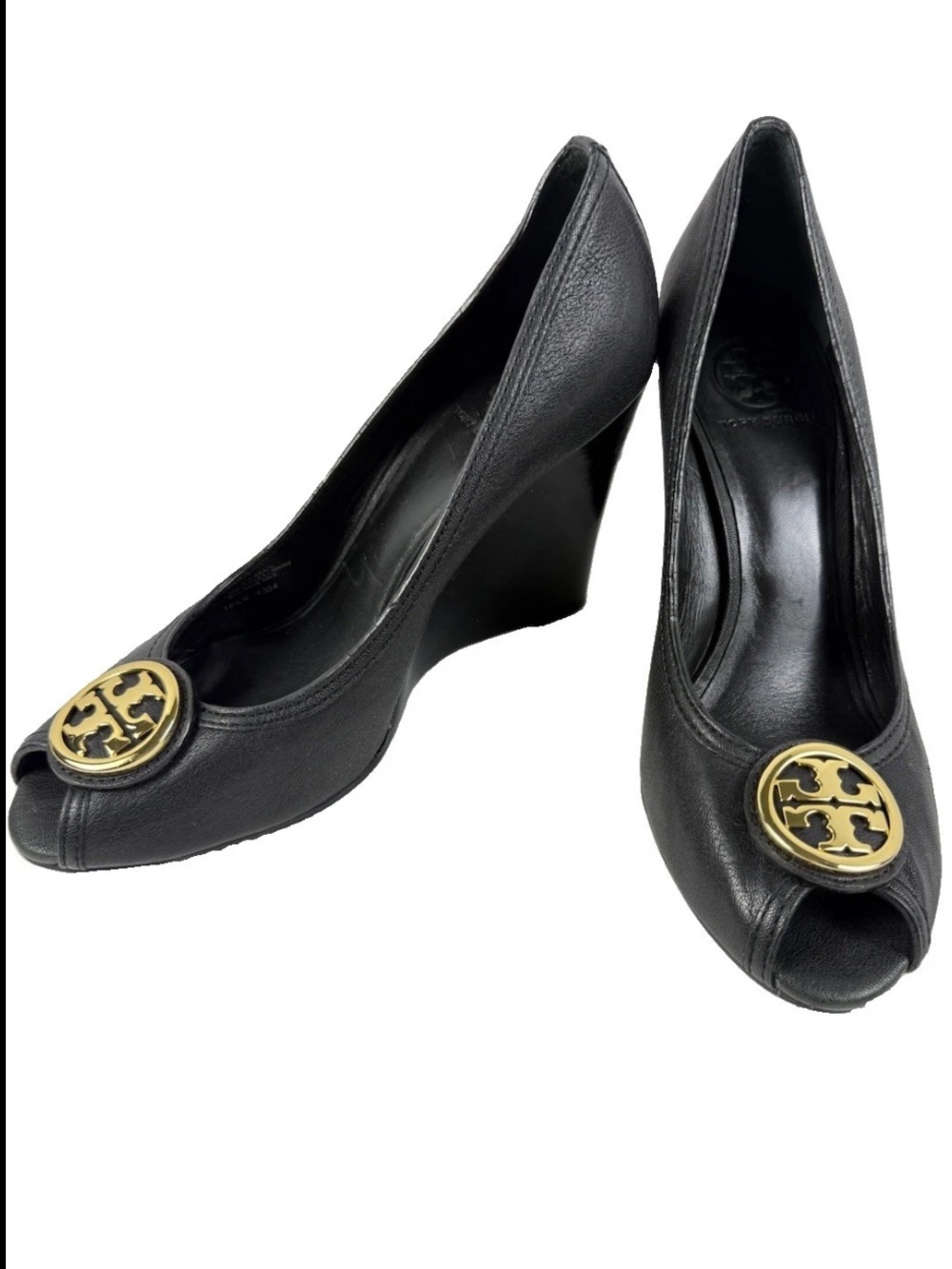 Tory Burch Women’s 10.5 Wedge Pump Black Leather Heels Shoe Gold Logo Peep Sally